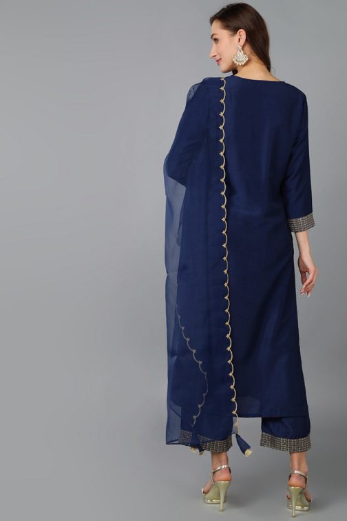 Navy Blue Silk Blend Solid Straight Kurta Trousers With Dupatta - Image 4