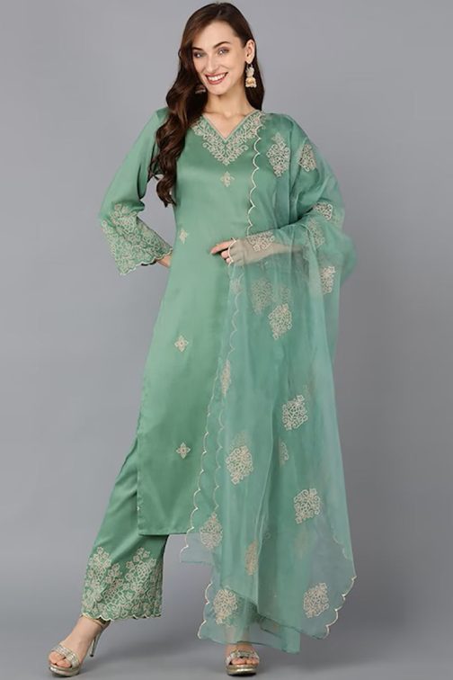 Green Silk Blend Floral Straight Suit Set