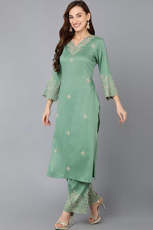 Green Silk Blend Floral Straight Suit Set - Image 3
