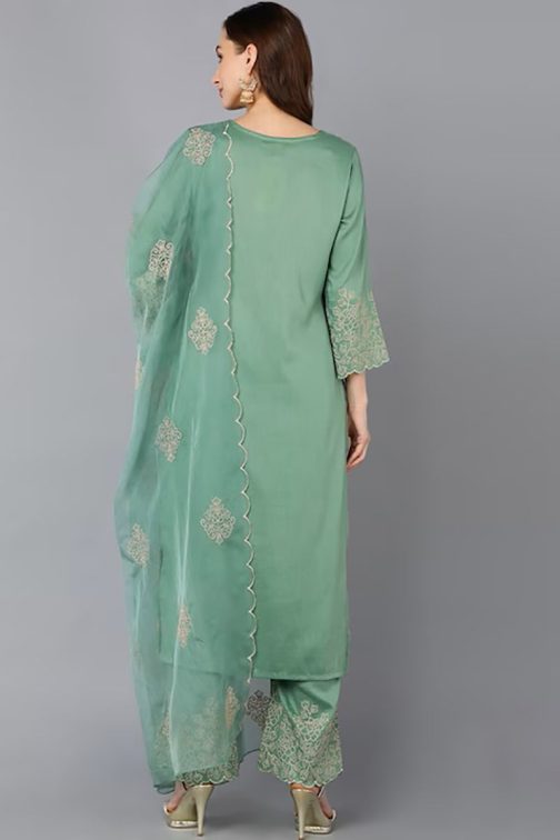 Green Silk Blend Floral Straight Suit Set - Image 4