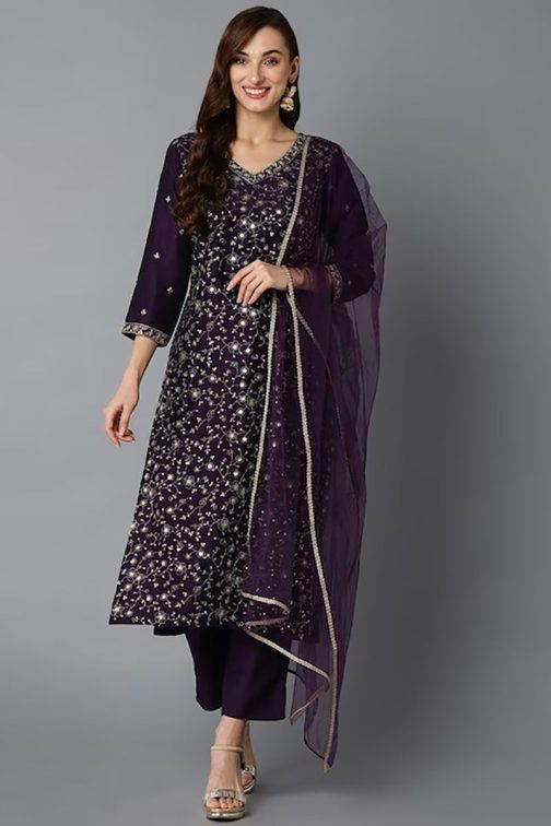 Purple Silk Blend Ethnic Motifs Straight Suit Set
