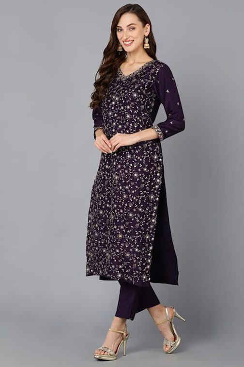 Purple Silk Blend Ethnic Motifs Straight Suit Set - Image 3