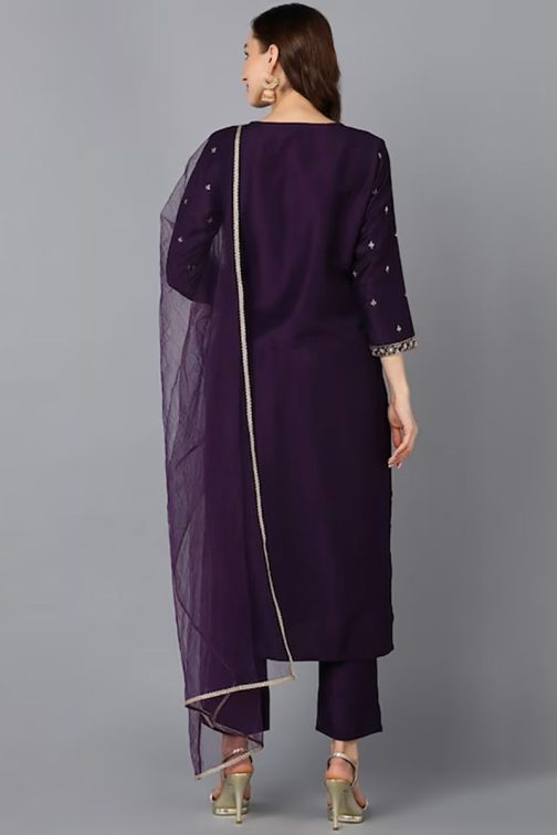 Purple Silk Blend Ethnic Motifs Straight Suit Set - Image 4