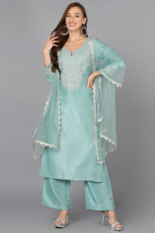 Sea Green Silk Blend Embroidered Straight Suit Set