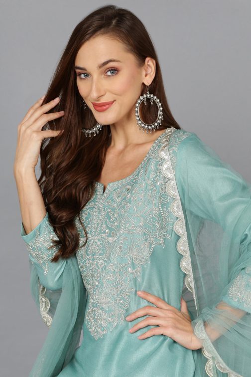 Sea Green Silk Blend Embroidered Straight Suit Set - Image 2
