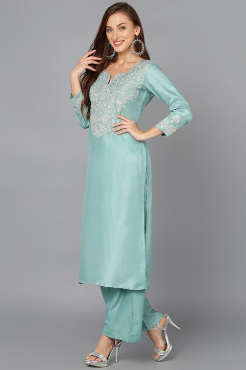 Sea Green Silk Blend Embroidered Straight Suit Set - Image 3