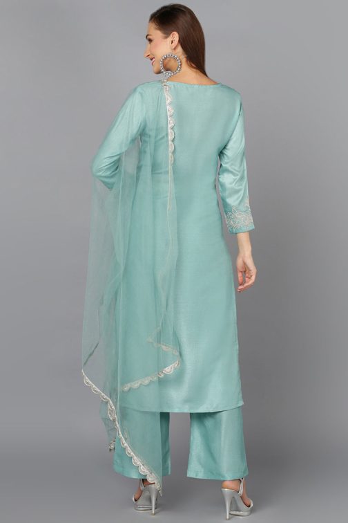 Sea Green Silk Blend Embroidered Straight Suit Set - Image 4