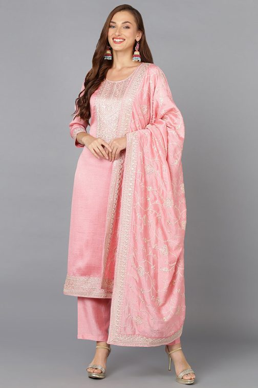 Pink Silk Blend Ethnic Motifs Straight Suit Set