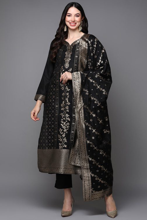 Black Poly Chanderi Floral Straight Suit Set