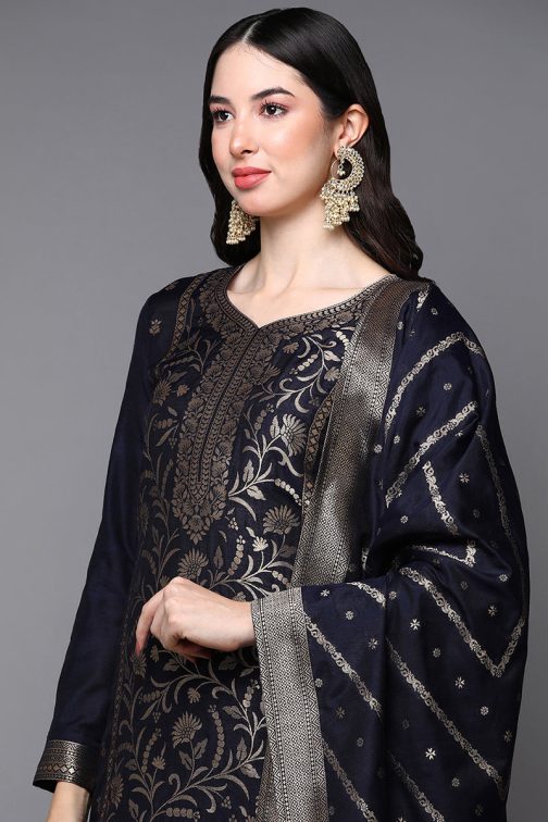 Black Poly Chanderi Floral Straight Suit Set - Image 2