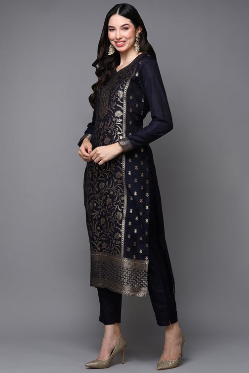 Black Poly Chanderi Floral Straight Suit Set - Image 3