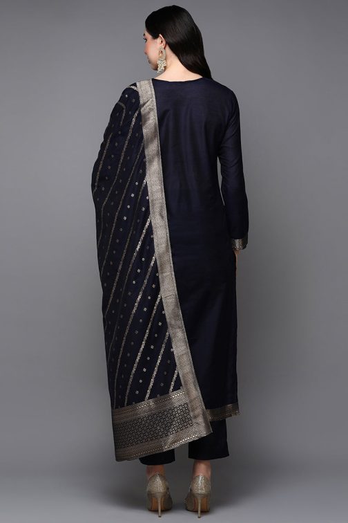 Black Poly Chanderi Floral Straight Suit Set - Image 4