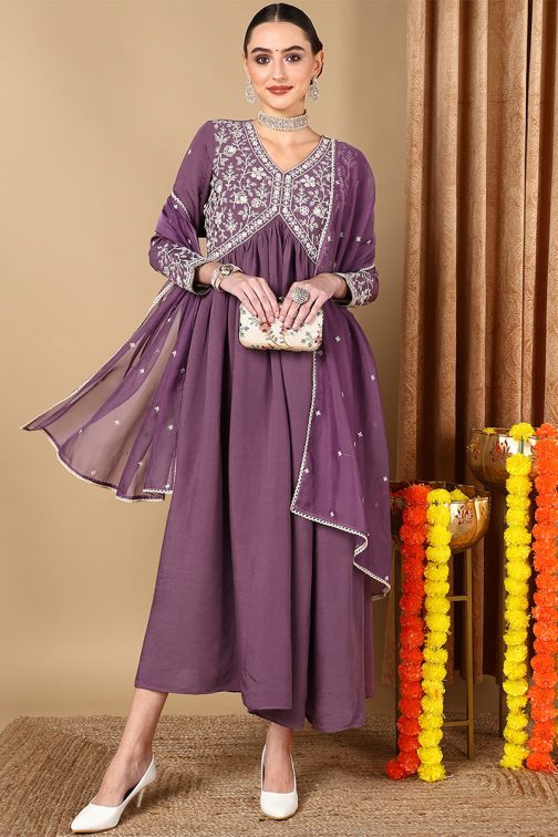 Purple Silk Blend Embroidered Anarkali Suit Set