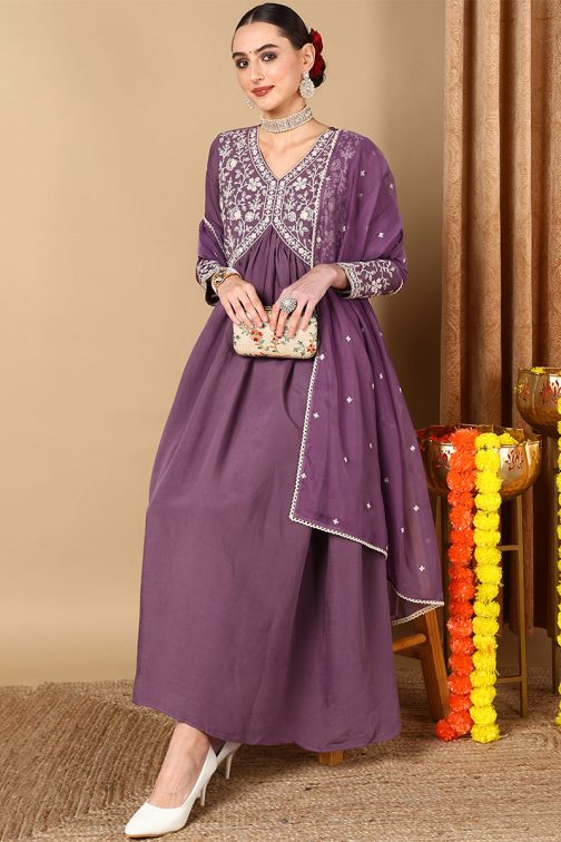 Purple Silk Blend Embroidered Anarkali Suit Set - Image 3
