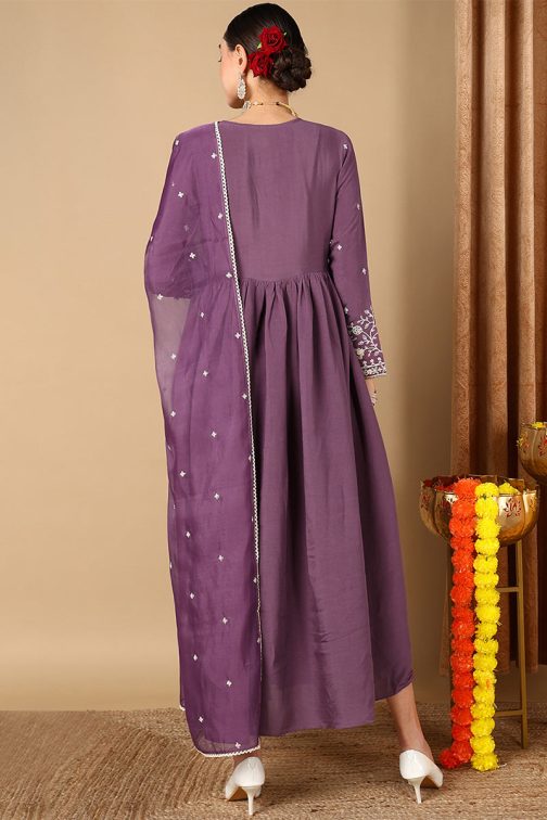 Purple Silk Blend Embroidered Anarkali Suit Set - Image 4