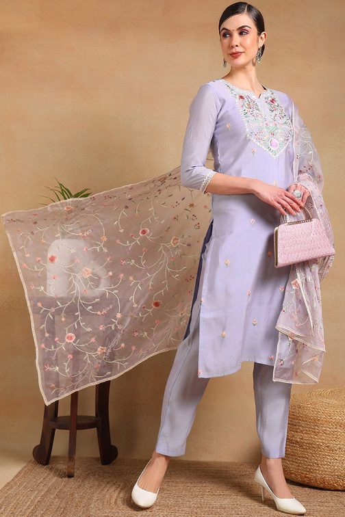 Purple Silk Blend Solid Embroidered Straight Regular Suit Set