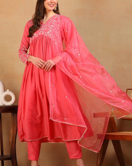 Pink Silk Blend Solid Embroidered Flared Empire Suit Set