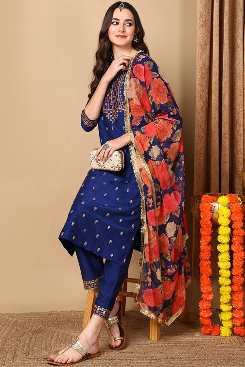 Navy Blue Silk Blend Solid Embroidered Straight Suit Set - Image 4