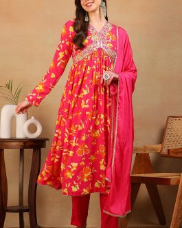 Pink Poly Georgette Floral Printed Flared Empire Suit Set
