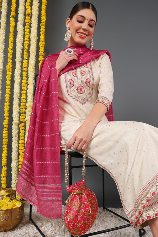 Off White Silk Blend Solid Yoke Design Straight Suit Set - Image 2