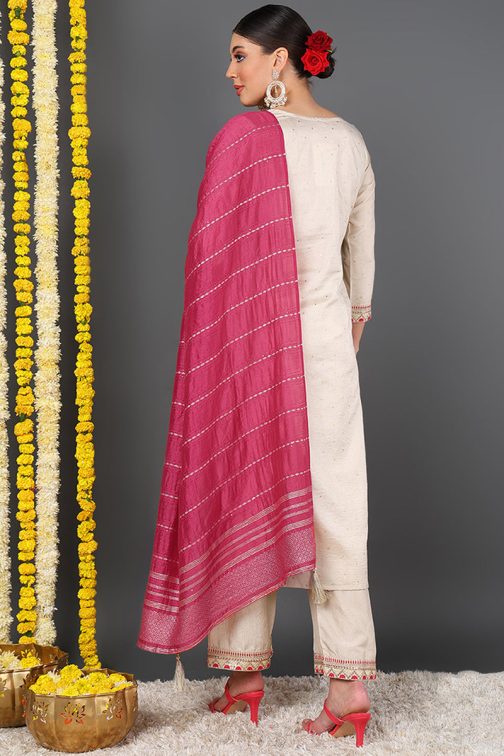 Off White Silk Blend Solid Yoke Design Straight Suit Set - Image 4