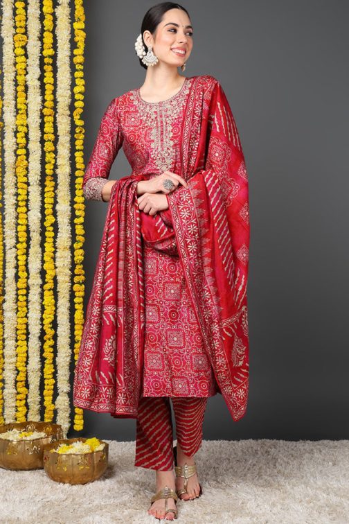 Maroon Silk Blend Ethnic Motifs Printed Straight Suit Set