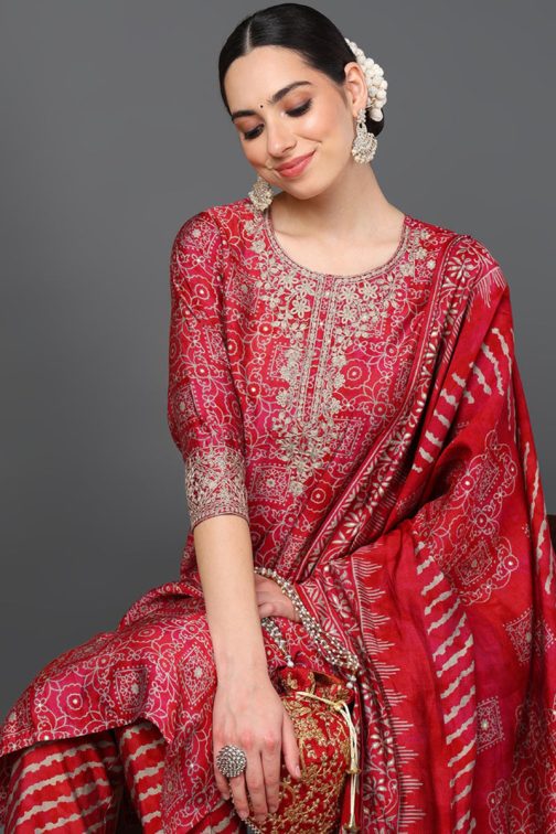 Maroon Silk Blend Ethnic Motifs Printed Straight Suit Set - Image 2