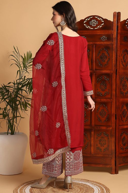 Maroon Silk Blend Solid Embroidered Straight Suit Set - Image 2