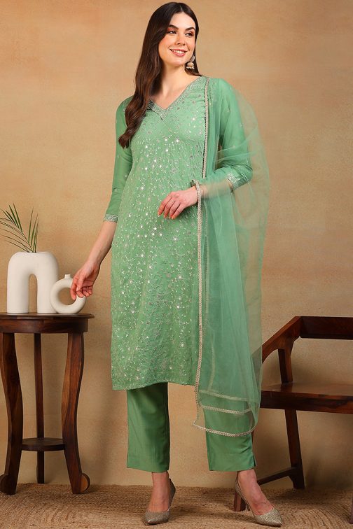 Green Silk Blend Solid Embroidered Straight Suit Set