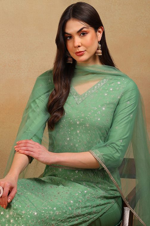Green Silk Blend Solid Embroidered Straight Suit Set - Image 2