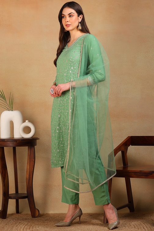 Green Silk Blend Solid Embroidered Straight Suit Set - Image 3