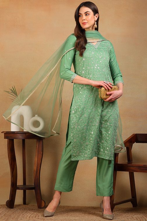 Green Silk Blend Solid Embroidered Straight Suit Set - Image 4