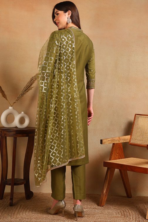Olive Silk Blend Embroidered Straight Suit Set - Image 3
