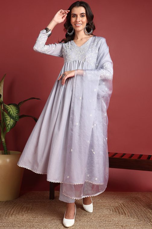 Grey Cotton Blend Solid Embroidered A-Line Suit Set - Image 4