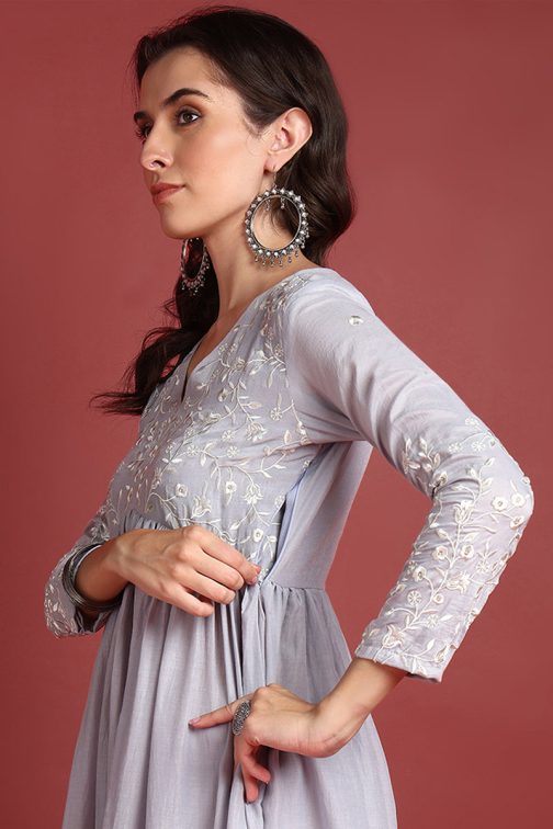 Grey Cotton Blend Solid Embroidered A-Line Suit Set - Image 2