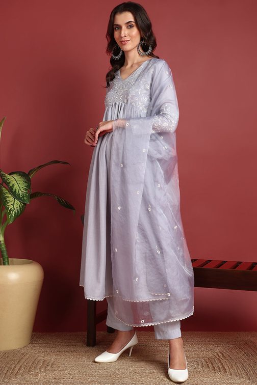 Grey Cotton Blend Solid Embroidered A-Line Suit Set - Image 3