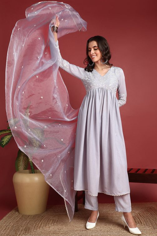 Grey Cotton Blend Solid Embroidered A-Line Suit Set