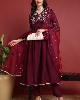 Burgundy Cotton Blend Solid Embroidered A-Line Suit Set