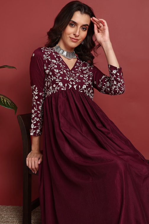 Burgundy Cotton Blend Solid Embroidered A-Line Suit Set - Image 2