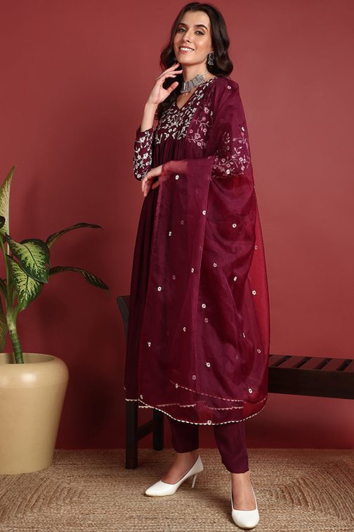 Burgundy Cotton Blend Solid Embroidered A-Line Suit Set - Image 4