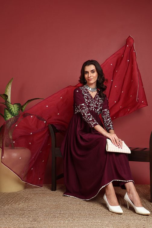 Burgundy Cotton Blend Solid Embroidered A-Line Suit Set - Image 3