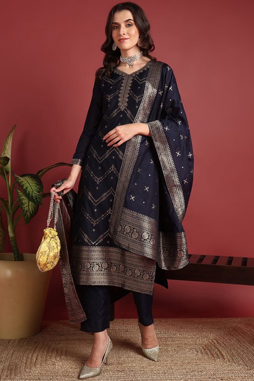 Navy Blue Silk Blend Ethnic Motifs Woven Design Straight Suit Set - Image 3