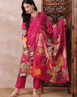 Pink Silk Blend Floral Printed Straight Trouser Bottom Suit Set