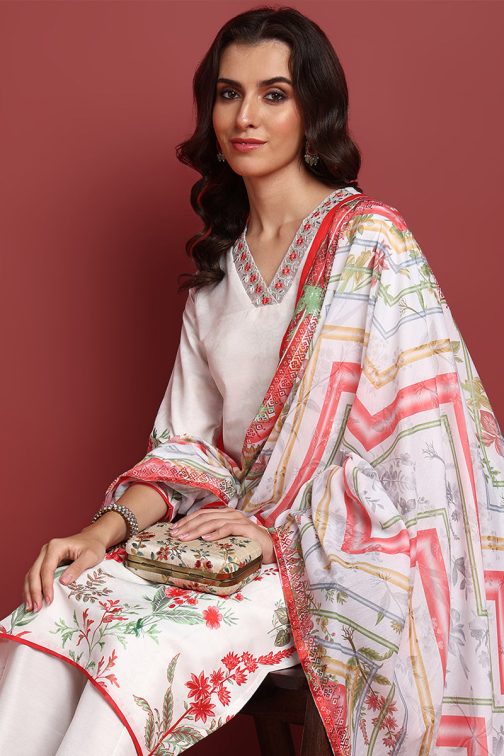 White Cotton Blend Floral Printed Straight Suit Set - Image 3