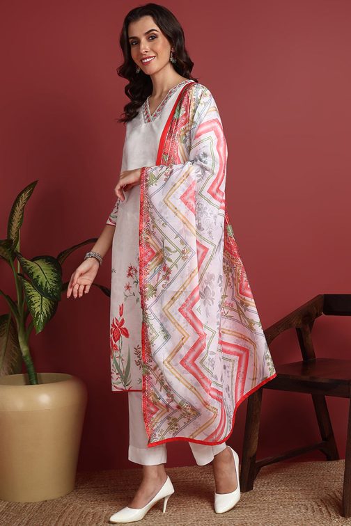 White Cotton Blend Floral Printed Straight Suit Set - Image 4