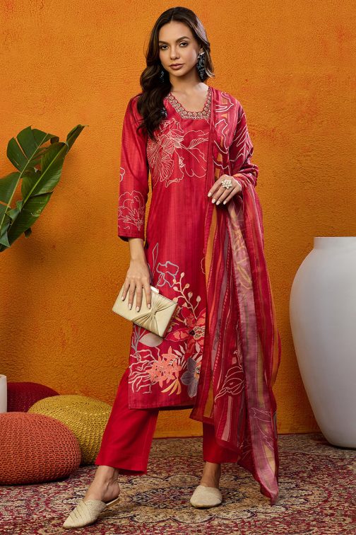 Red Silk Blend Floral Printed Straight Suit Set - Image 4