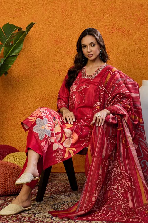 Red Silk Blend Floral Printed Straight Suit Set - Image 2