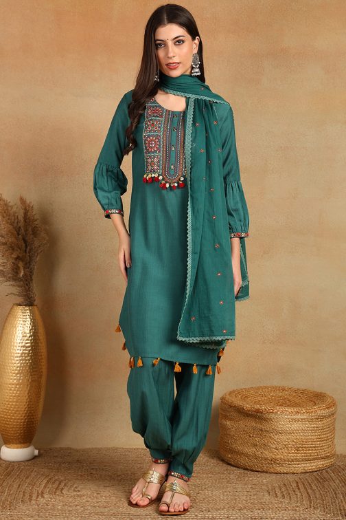 Teal Green Embroidered Viscose Rayon Straight Suit Set