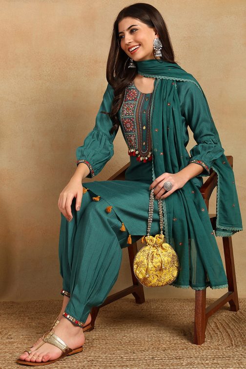 Teal Green Embroidered Viscose Rayon Straight Suit Set - Image 2