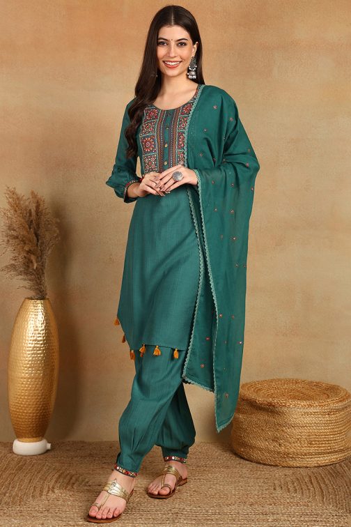 Teal Green Embroidered Viscose Rayon Straight Suit Set - Image 3